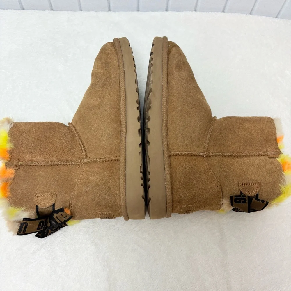 UGG CLASSIC MINI‎ BAILEY BOW PUNK PLAID CHESTNUT BOOTS Vibrant Fur Lining Size 9